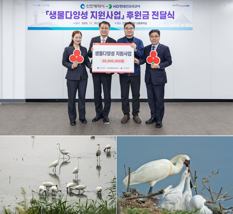 Spoonbills spotted at Namdong Reservoir in Incheon and the donation ceremony for the biodiversity support project by HD Hyundai Infracore, which took place on November 18.