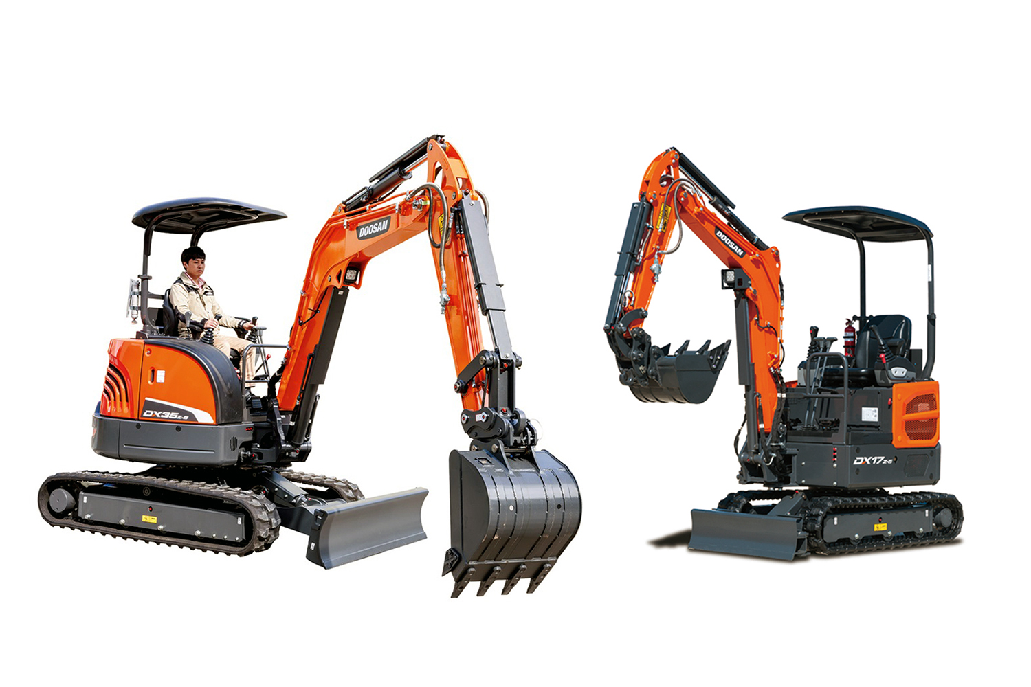 Doosan Infracore, which has been growing at a staggering rate in the Korean mini excavator market, recently launched the DX35z-5 (left) and DX17z-5 (right) mini excavators. 